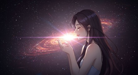Celestial Vision: Woman Holding a Radiant Orb in the Starry Cosmos Scape