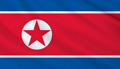 North Korean flag with red central stripe, white-bordered blue edges, and central red star emblem