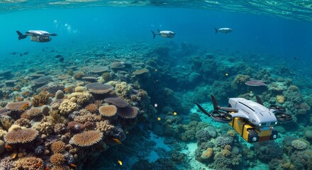 Autonomous underwater drone fleet delivering supplies over vibrant coral reefs