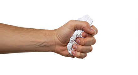 Fototapeta premium Human hand clenching crumpled white paper against isolated background