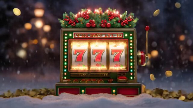 Christmas themed slot machine showing 777 jackpot with falling coins and snowy background with blurred lights