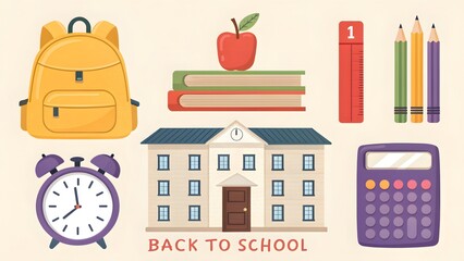 Collection of school supplies and a building for back to school theme