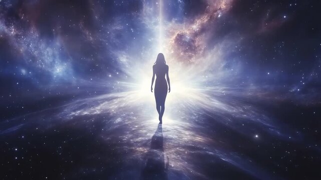 Woman walking towards a bright light in space in a spiritual journey to the afterlife