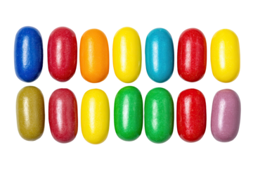 Colorful, oval-shaped candies in a grid pattern.  Rows of 12 candies, vibrant colors.  Close-up view on black background