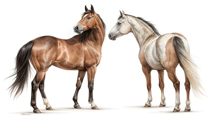 Two American quarter horse, direct front and back view, isolated.