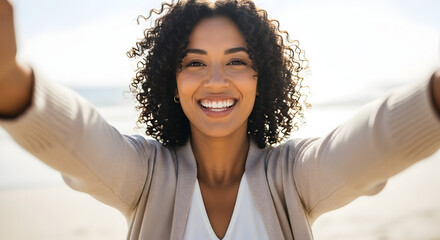 Happy woman smiling brightly at the beach feeling free and joyful embracing the summer sun carefree lifestyle cheerful