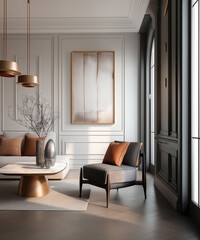 Aesthetic beautiful elegant  modern luxury interior design. Clear mock up empty wall for decoration in the apartment, painting frame. Copy space in the room.