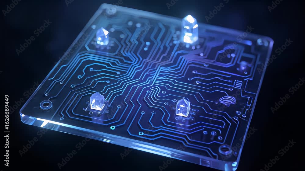 Poster closeup view of illuminated transparent circuit board showcasing advanced technology in a dark envir