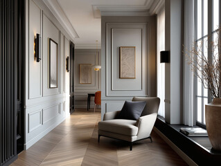 Aesthetic beautiful elegant  modern luxury interior design. Clear mock up empty wall for decoration in the apartment, painting frame. Copy space in the room.