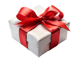 Obraz premium Photo of a white gift box with a vibrant red ribbon and bow, elegantly wrapped and tied, isolated on a clean transparent background, symbolizing celebration and special occasions