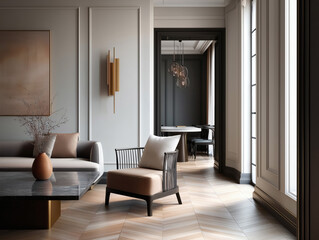 Fototapeta premium Aesthetic beautiful elegant modern luxury interior design. Clear mock up empty wall for decoration in the apartment, painting frame. Copy space in the room.