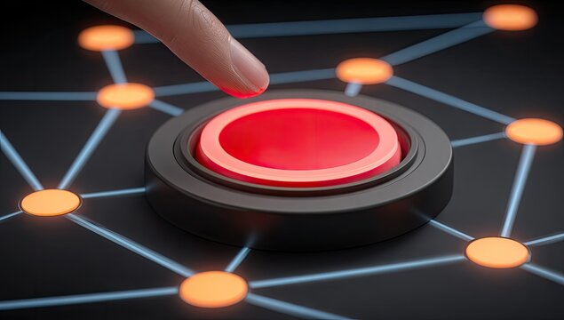 A finger presses a glowing red button connected to a network