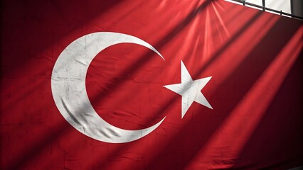 Obraz premium Close up of the turkish flag with a crescent moon and star illuminated by sunlight