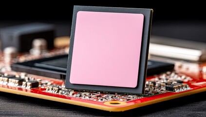 Close-up of a pink-coated square computer chip on a red circuit board