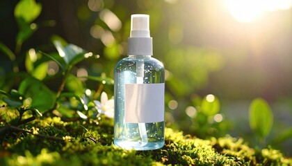 Hand sanitizer bottle on moss in nature with sunlight.