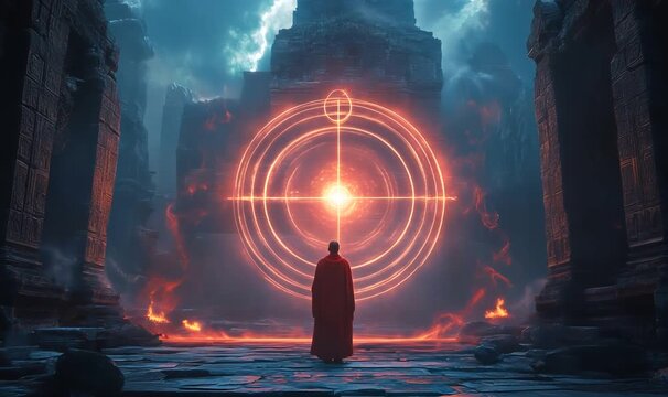 Robed buddhist monk wielding mystical energy near crumbling stone temple gateway