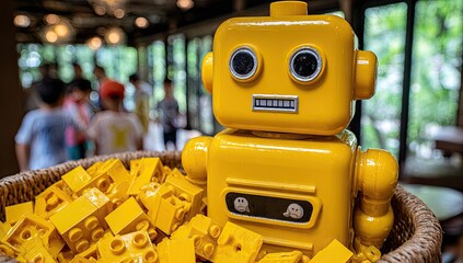 Fototapeta premium Yellow robot toy surrounded by yellow building blocks