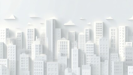 Obraz premium White paper city skyline. Simple, minimalist city scene composed of white paper buildings, with paper clouds. Horizontal format