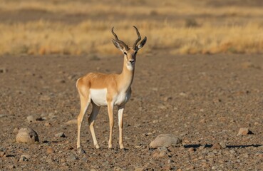 Young pronghorn antelope stands alert in dry, rocky landscape. Graceful herbivore with distinctive horns native to North America, often found in grasslands, deserts. Scene captures natural habitat,