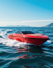 Fototapeta premium Sleek Red Powerboat Gliding Across Sparkling Blue Ocean Waves