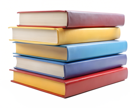 Photo of a stack of five colorful hardcover books with red, yellow, blue, and purple covers, neatly piled on a transparent background, representing education, knowledge, and literature