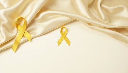 Two yellow ribbons displayed on soft, flowing satin fabric background. Ribbons symbolize support, awareness for International Childhood Cancer Day. Warm, inviting tones, gentle drape of fabric create