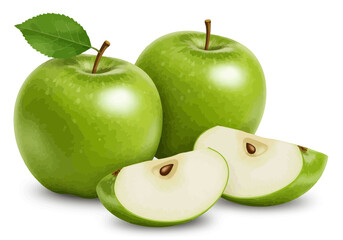 Green Apple Vector Illustration – Whole and Sliced Fresh Fruit with Leaf – Healthy Food Design for Labels, Recipes, Packaging, and Organic Nutrition Art

