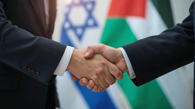 Tense Yet Hopeful Handshake Between Israel and Palestine Delegates, National Flags Out of Focus

