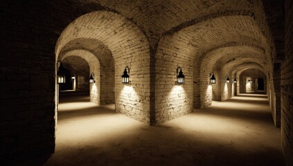 Ancient stone archways, lit by lanterns, in a subterranean passage