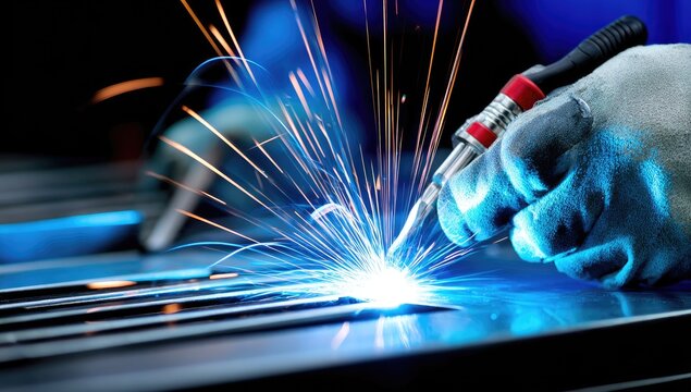 Welder's hand holding a welding torch, sparks flying