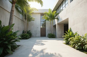 Naklejka premium Modern concrete courtyard features tropical plants, creating a serene oasis. Sunlight and shadow play across the minimalist design, showcasing a tranquil zen-like ambiance for urban living.