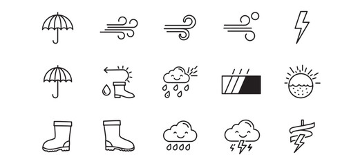 Simple weather icons set depicting rain wind sun and other common atmospheric conditions