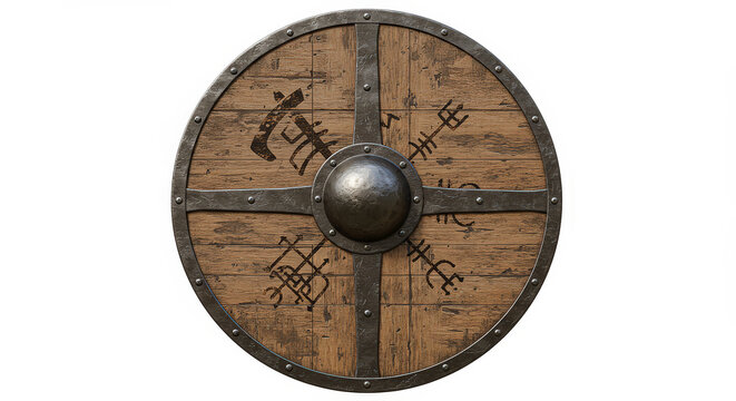 Wooden shield with metallic accents and historical markings on white background