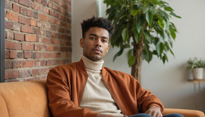 African American man, creative professional, sits confidently in a modern office setting. He wears a stylish tan turtleneck and rust-colored bomber jacket, exuding professionalism and casual attire.