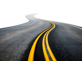 Obraz premium Photo of a winding asphalt road with double yellow lines and white edge lines, isolated on transparent background, symbolizing a journey, travel, and the open path ahead towards an unknown destination