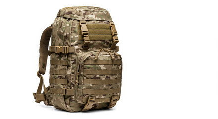 Camouflage tactical backpack isolated on white background with copy space