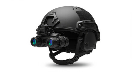 Black tactical helmet with night vision goggles isolated on white background