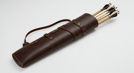 Brown leather quiver filled with arrows on white background