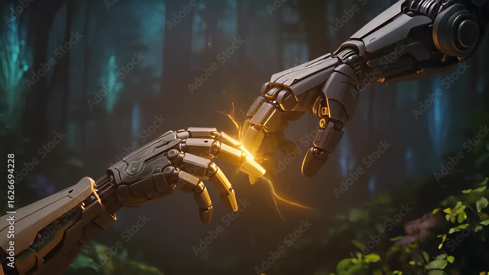 Poster robotic hands connecting in a closeup shot showcasing advanced technology and artificial intelligenc