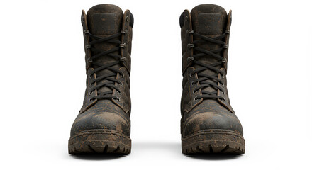 Pair of rugged brown work boots isolated on white background