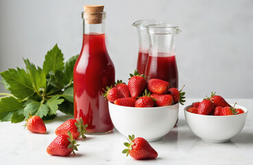 Fresh strawberries in white bowls alongside bottle of red juice or syrup. Healthy lifestyle image with vibrant colors and natural ingredients. Perfect for food blogs, health magazines, and recipes.
