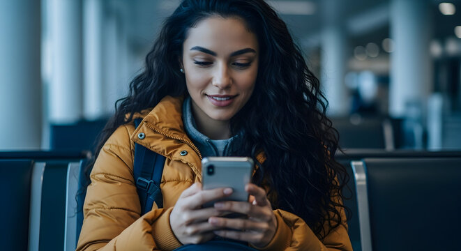 Young woman using smartphone at airport waiting for flight travel journey connection communication technology digital mobile internet online social media