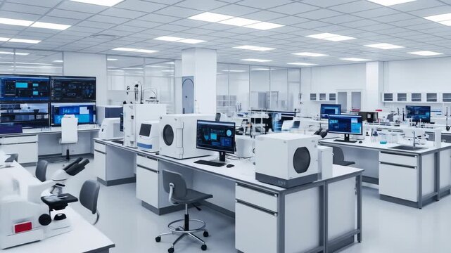 Modern laboratory with advanced scientific equipment and empty workstation for research and development footage