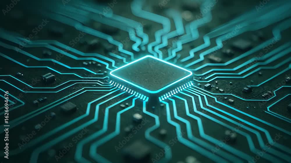 Aufkleber closeup view of a microchip surrounded by circuitry on a dark background showcasing modern technolog