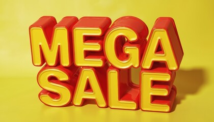 3D render displays bold red, yellow 3D text reading Mega Sale against vibrant yellow background. This dynamic graphic is perfect for retail promotions, marketing campaigns, advertising discounts.