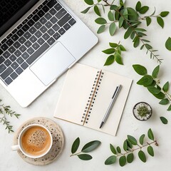 notebook with coffee and flowers