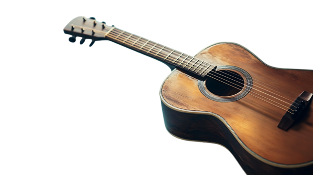 Acoustic guitar with strings  close up view on transparent background
