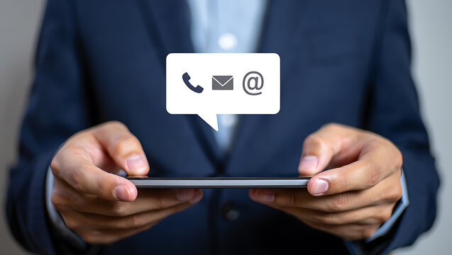 Businessman holding smartphone with contact icons mobile phone communication - Powered by Adobe