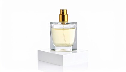 Elegant Glass Bottle of Fragrant Perfume Placed on a Smooth White Surface Radiating Timeless Beauty
