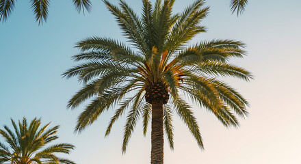 Fototapeta premium Lush green palm tree fronds against a beautiful clear blue and golden hour sky.